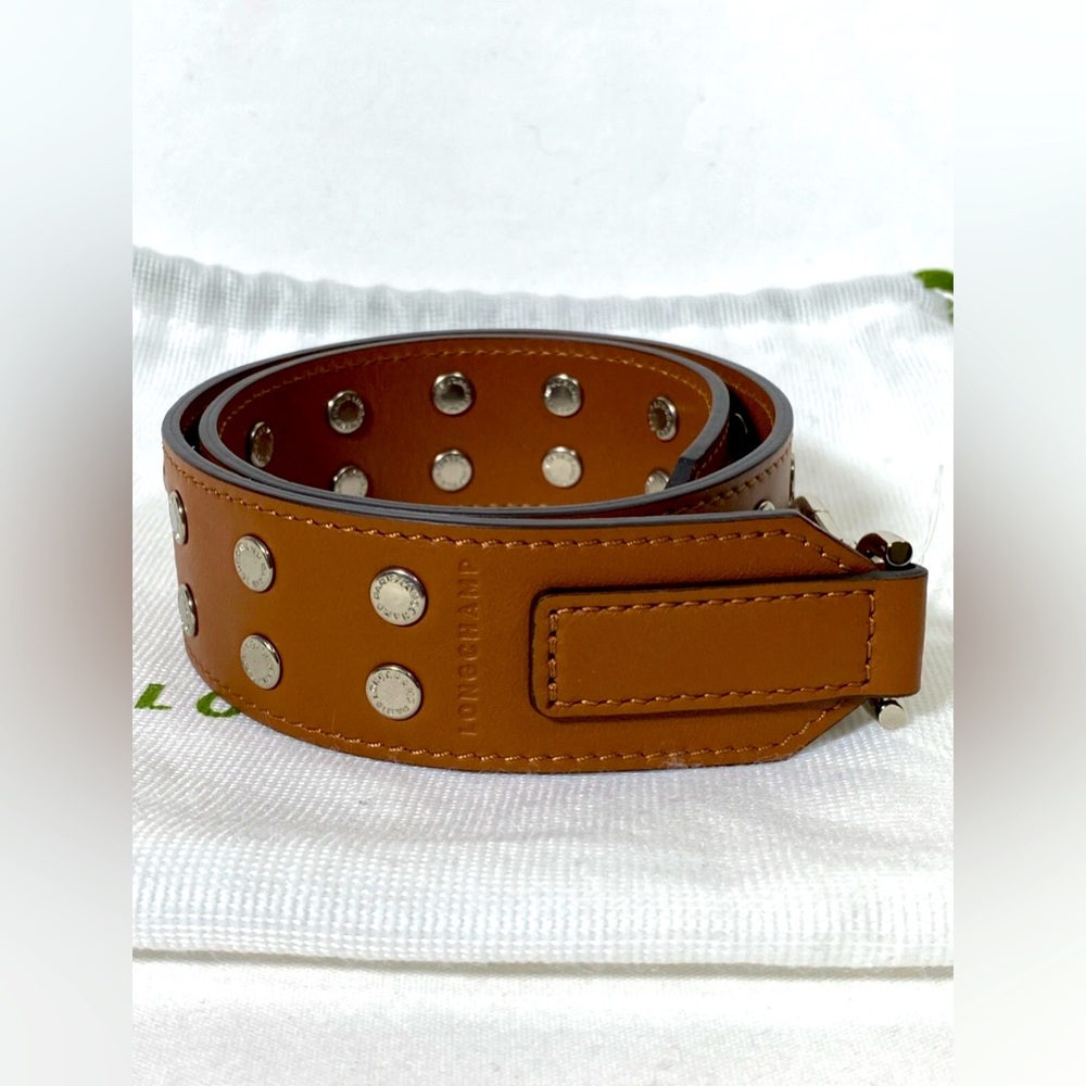 Longchamp BROWN STUDDED SHORT LEATHER BAG STRAP 27” x 1.5” NWOT Made in France